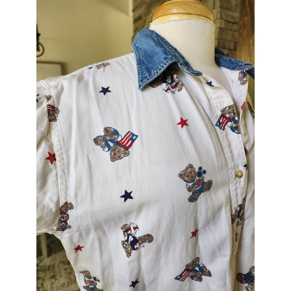Quizz Vintage 90s Teddy Bear American USA Patriotic Denim Collar Button Down Med